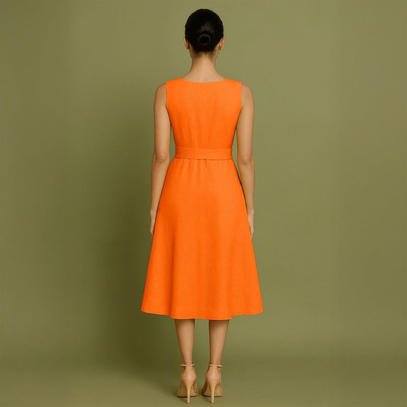 Hot Orange Cotton Poplin Fit and Flare Sleeveless Midi Dress