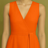 Hot Orange Cotton Poplin Fit and Flare Sleeveless Midi Dress