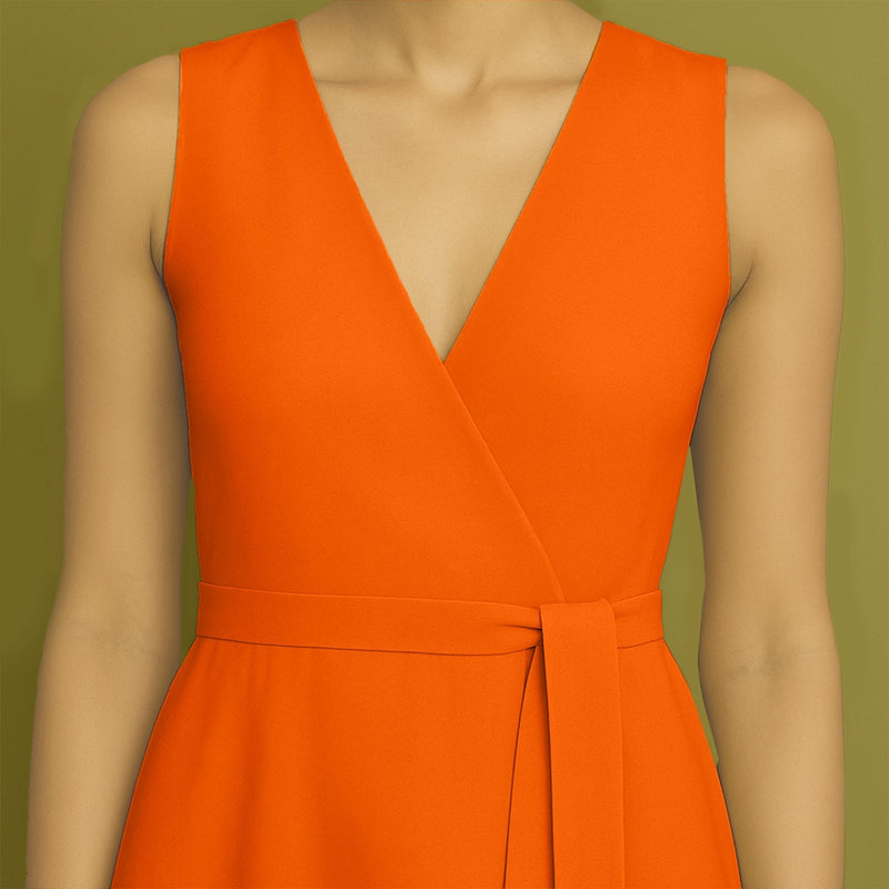 Hot Orange Cotton Poplin Fit and Flare Sleeveless Midi Dress