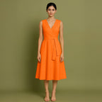 Hot Orange Cotton Poplin Fit and Flare Sleeveless Midi Dress