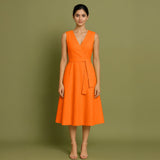 Hot Orange Cotton Poplin Fit and Flare Sleeveless Midi Dress