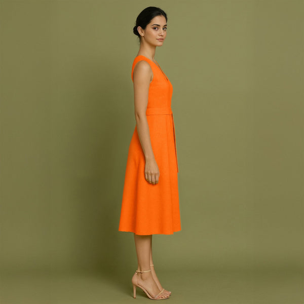Hot Orange Cotton Poplin Fit and Flare Sleeveless Midi Dress