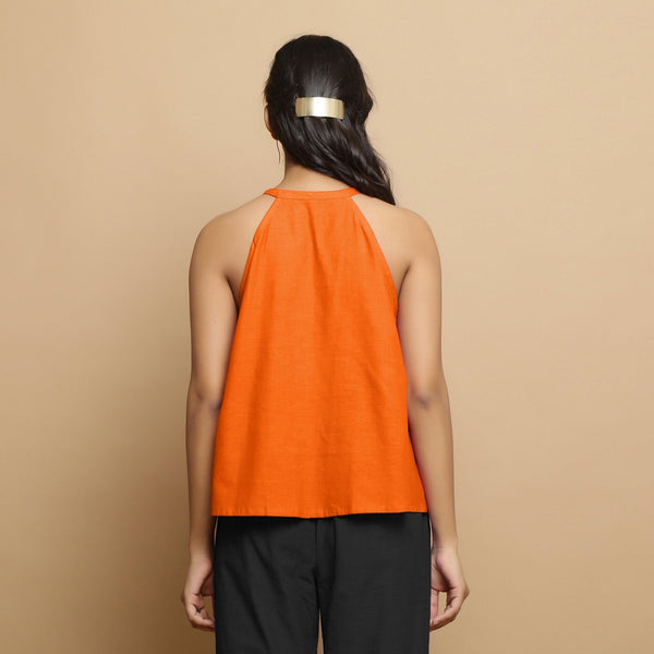 Hot Orange Cotton Poplin Halter Neck Flared Top