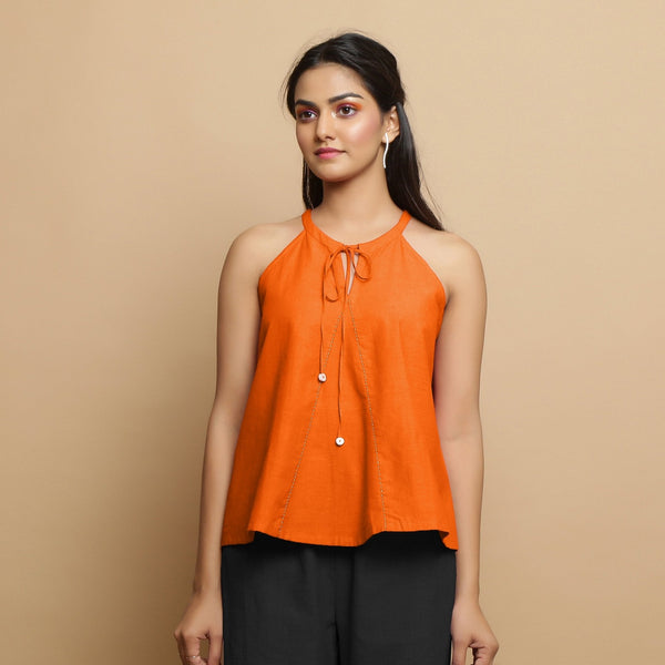 Hot Orange Cotton Poplin Halter Neck Flared Top