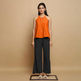 Hot Orange Cotton Poplin Halter Neck Flared Top