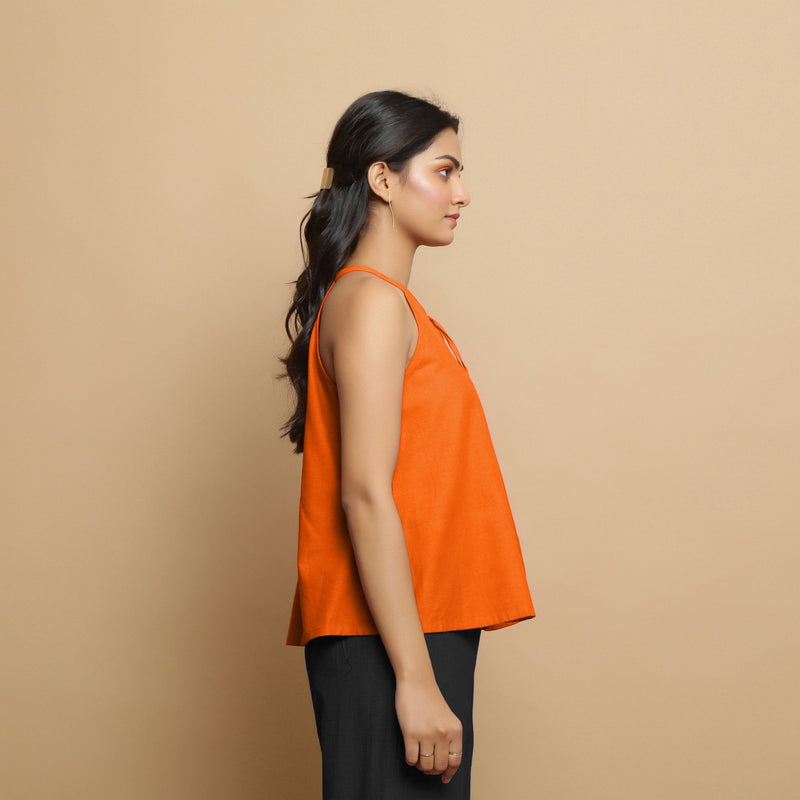 Hot Orange Cotton Poplin Halter Neck Flared Top