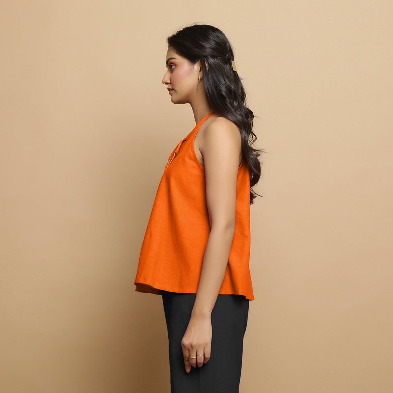 Hot Orange Cotton Poplin Halter Neck Flared Top