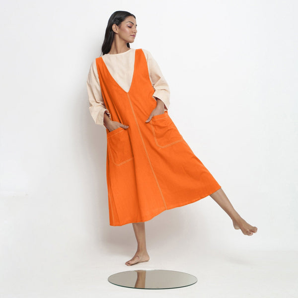 Hot Orange Cotton Poplin Paneled Midi Shift Dress