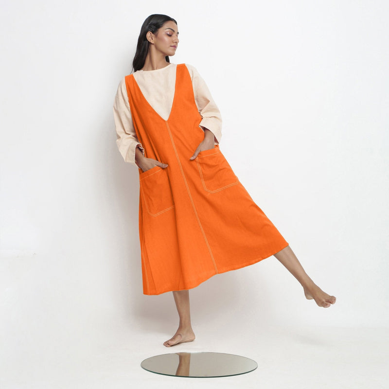 Hot Orange Cotton Poplin Paneled Midi Shift Dress