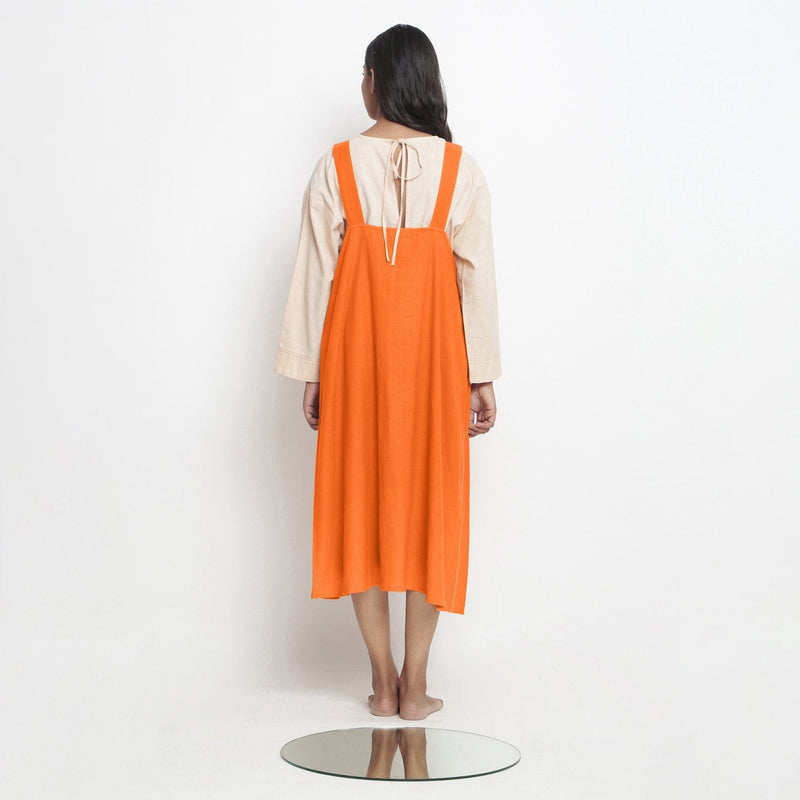 Hot Orange Cotton Poplin Paneled Midi Shift Dress