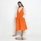 Hot Orange Cotton Poplin Paneled Midi Shift Dress