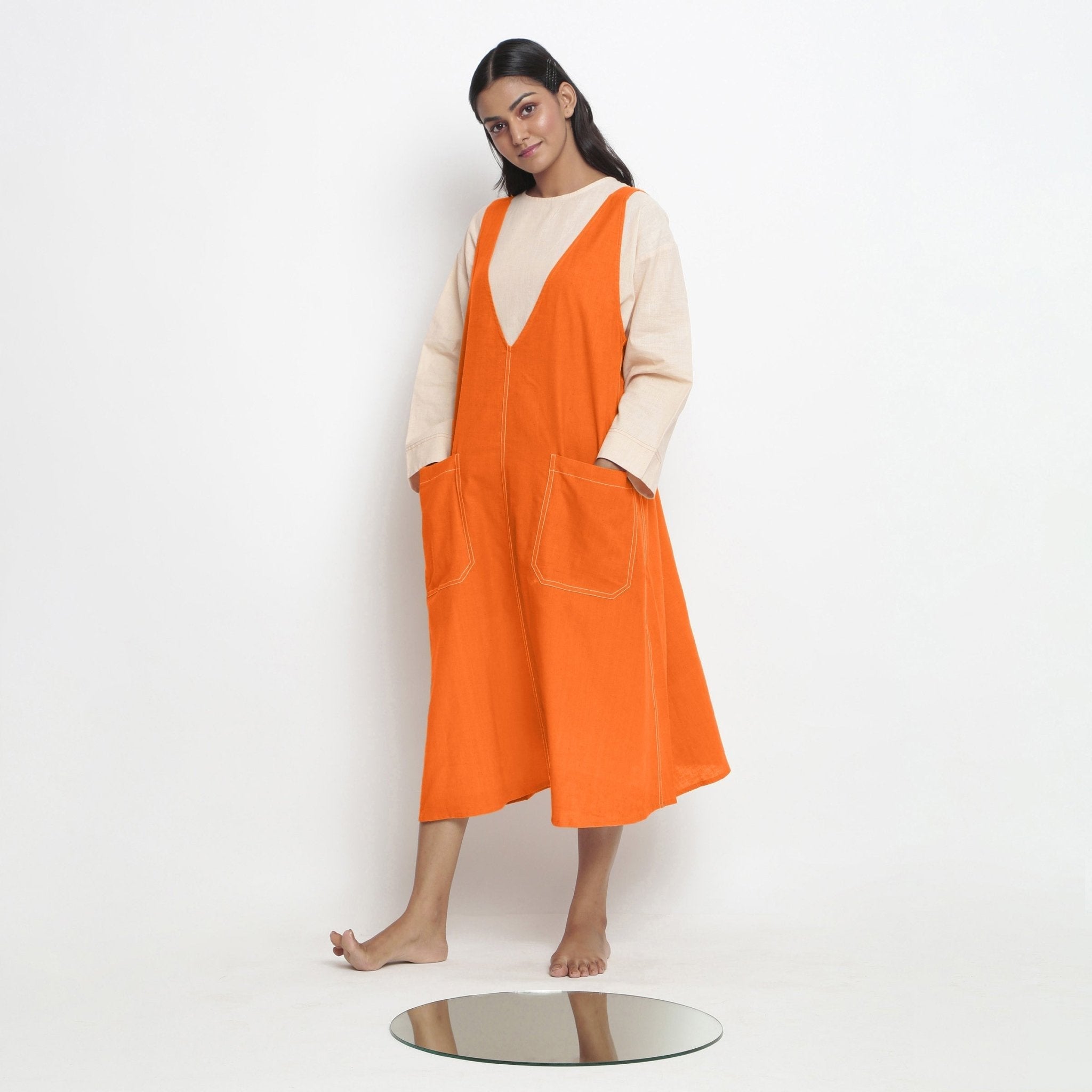 Hot Orange Cotton Poplin Paneled Midi Shift Dress