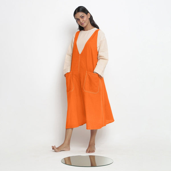 Hot Orange Cotton Poplin Paneled Midi Shift Dress