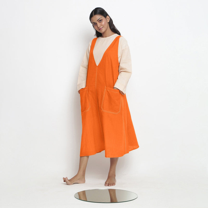 Hot Orange Cotton Poplin Paneled Midi Shift Dress