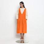 Hot Orange Cotton Poplin Paneled Midi Shift Dress