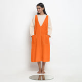 Hot Orange Cotton Poplin Paneled Midi Shift Dress