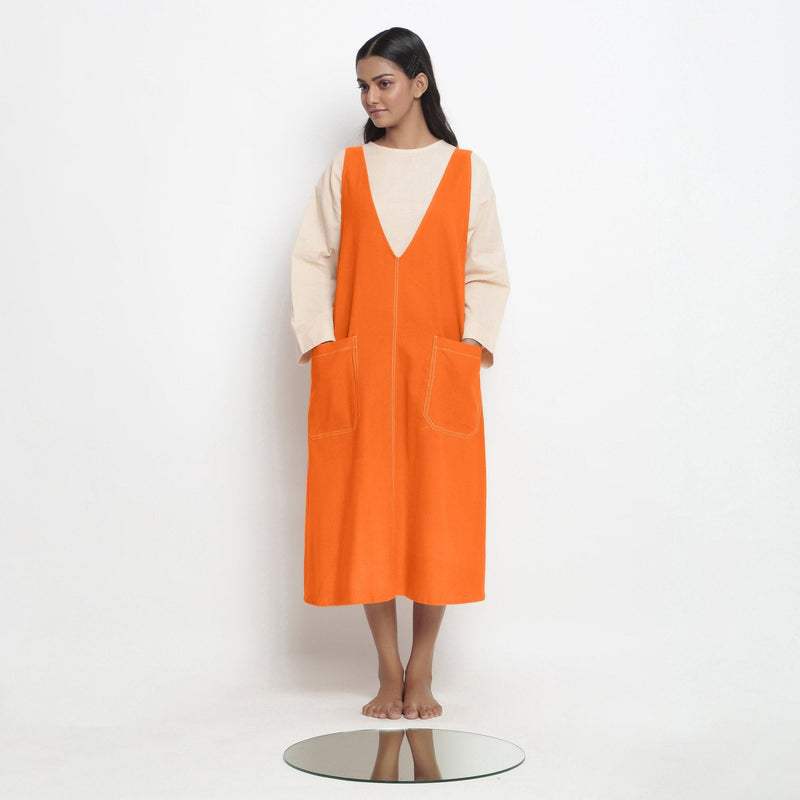 Hot Orange Cotton Poplin Paneled Midi Shift Dress