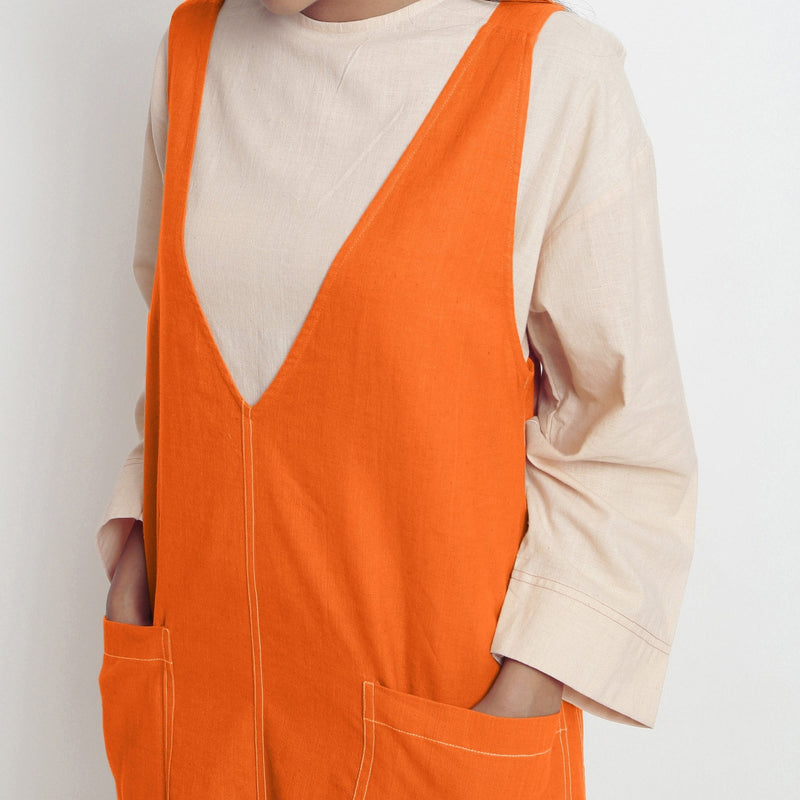 Hot Orange Cotton Poplin Paneled Midi Shift Dress