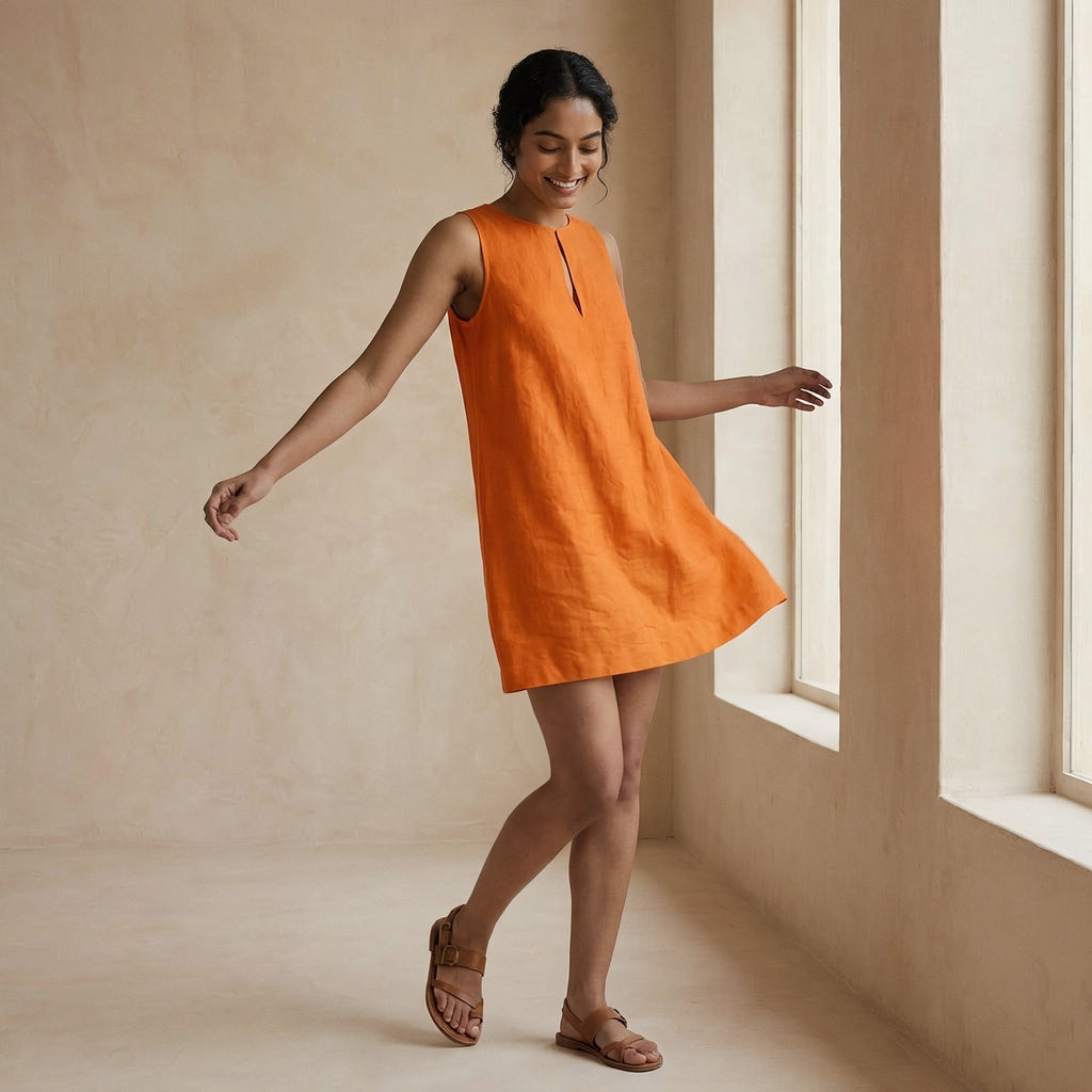 Hot Orange Cotton Poplin Sleeveless A-Line Short Shift Dress