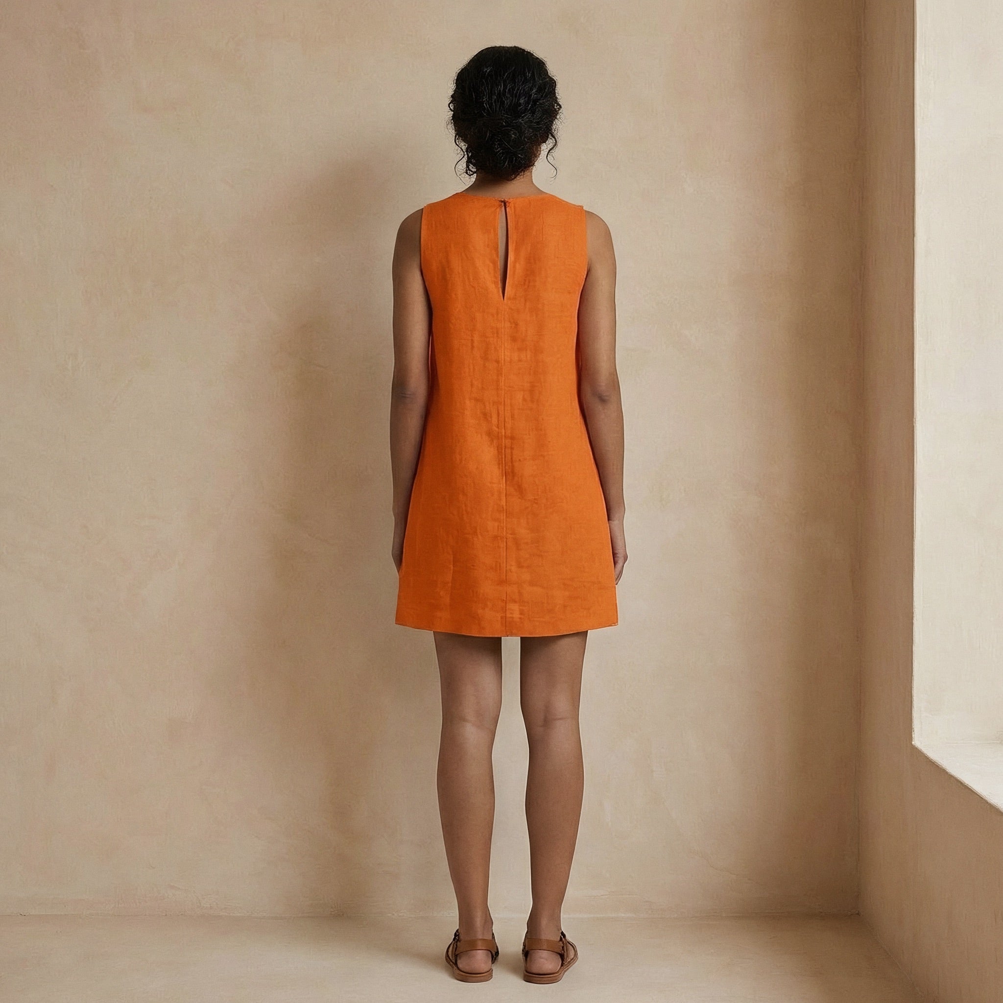 Hot Orange Cotton Poplin Sleeveless A-Line Short Shift Dress