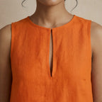 Hot Orange Cotton Poplin Sleeveless A-Line Short Shift Dress