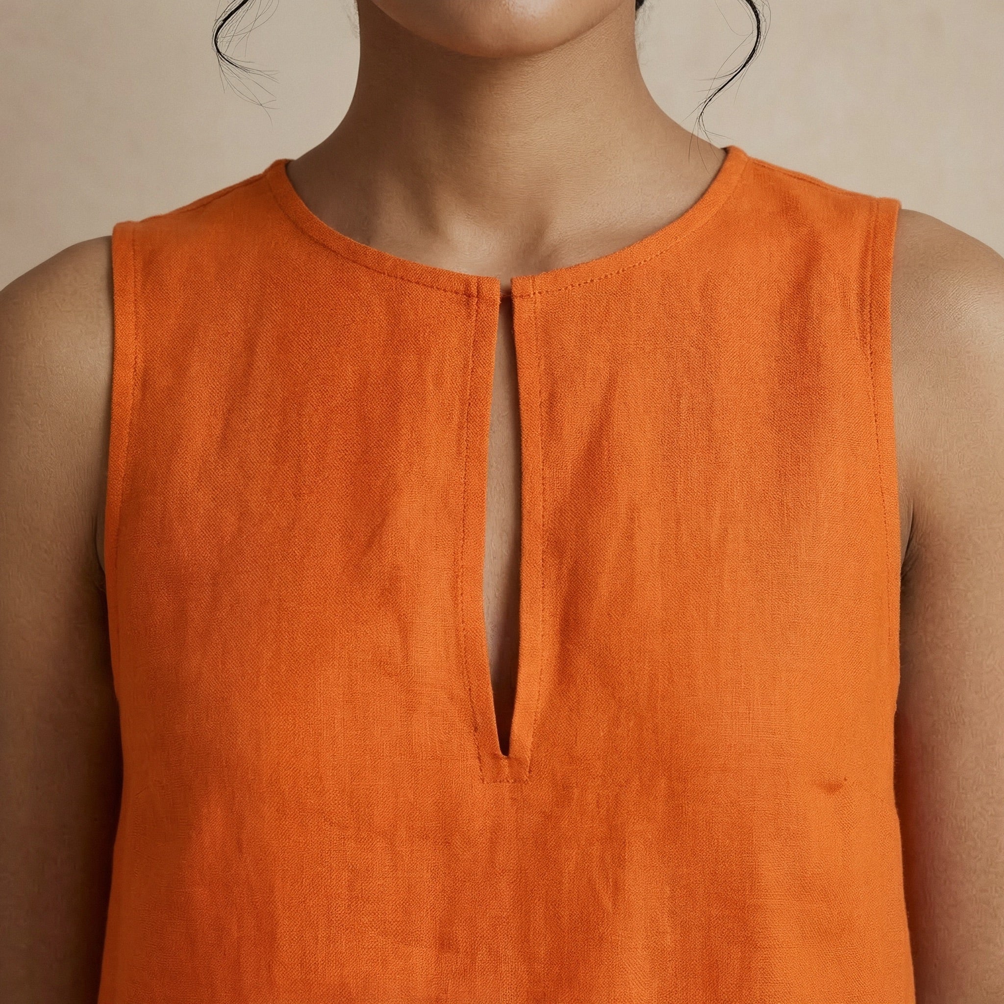 Hot Orange Cotton Poplin Sleeveless A-Line Short Shift Dress