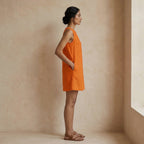 Hot Orange Cotton Poplin Sleeveless A-Line Short Shift Dress