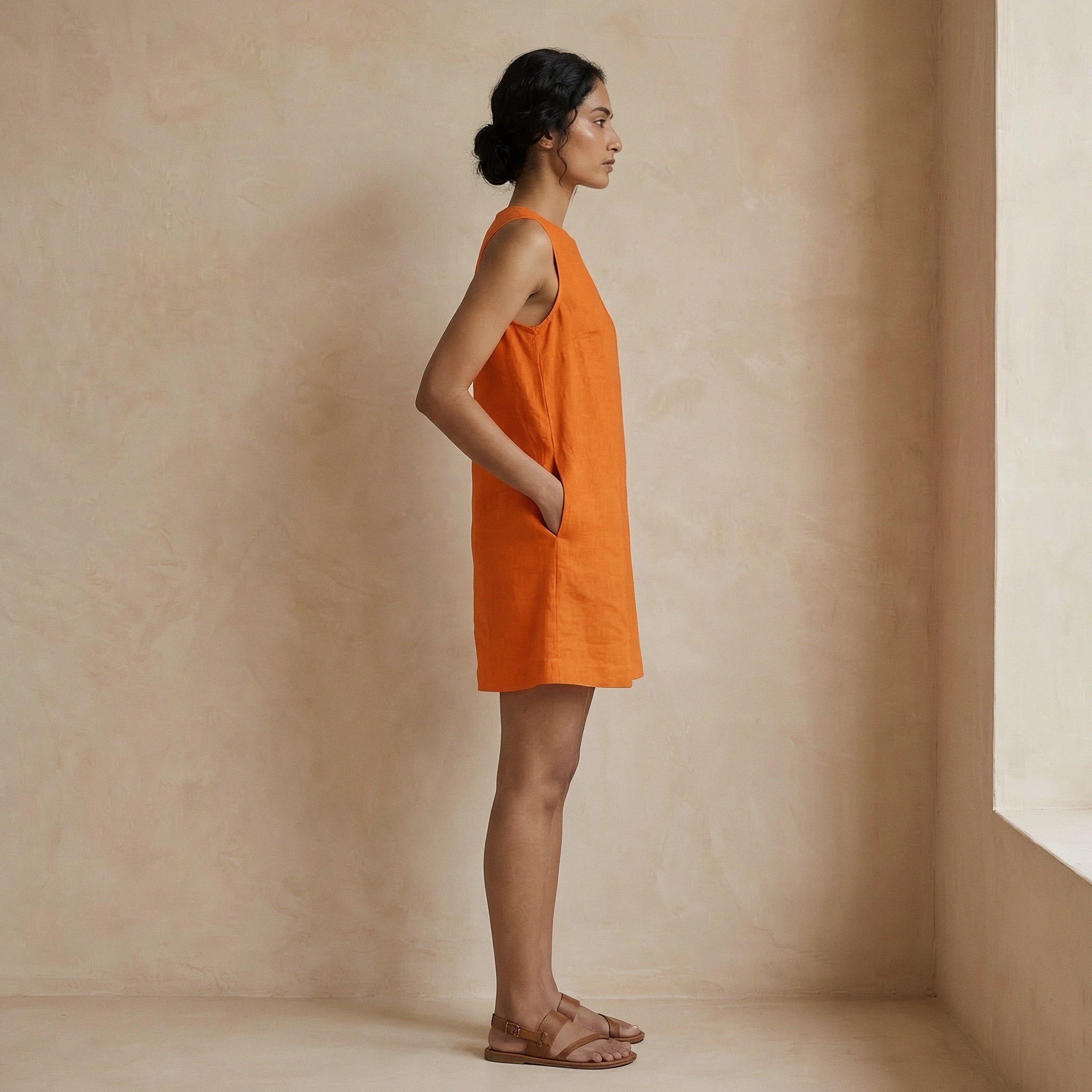 Hot Orange Cotton Poplin Sleeveless A-Line Short Shift Dress