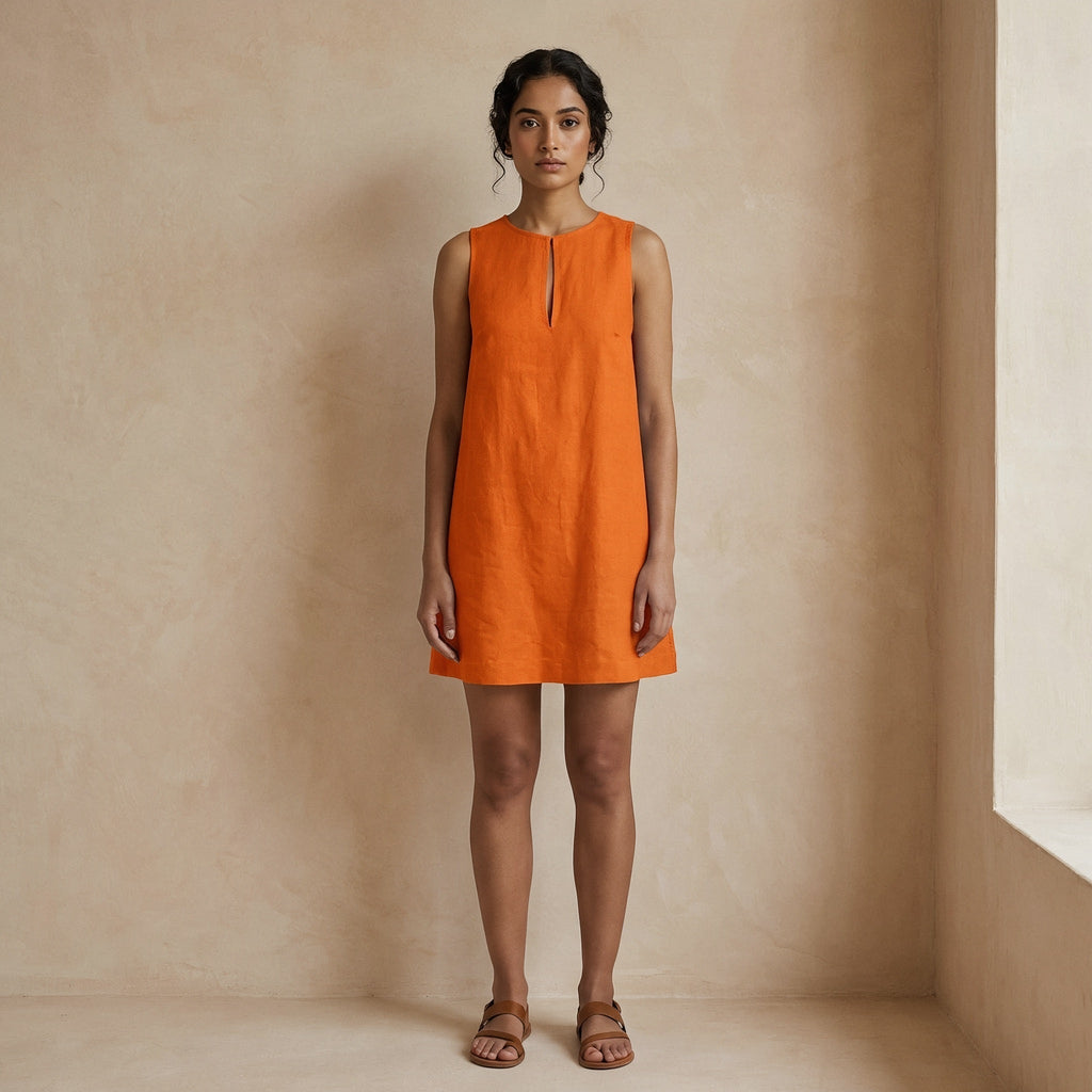Hot Orange Cotton Poplin Sleeveless A-Line Short Shift Dress