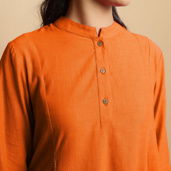 Hot Orange Hand-Embroidered Cotton Poplin Paneled Midi Dress