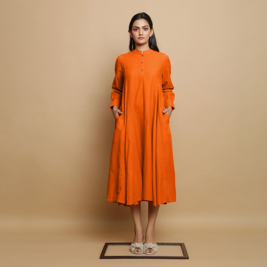 Hot Orange Hand-Embroidered Cotton Poplin Paneled Midi Dress
