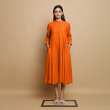 Hot Orange Hand-Embroidered Cotton Poplin Paneled Midi Dress