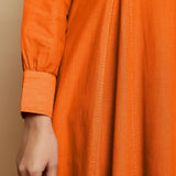 Hot Orange Hand-Embroidered Cotton Poplin Paneled Midi Dress