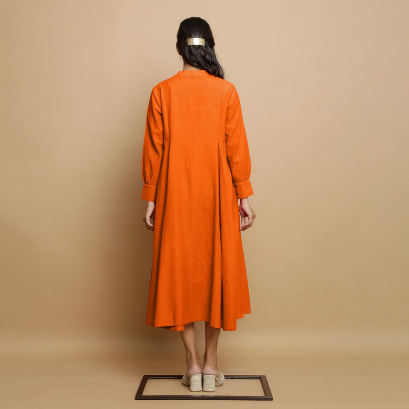 Hot Orange Hand-Embroidered Cotton Poplin Paneled Midi Dress