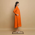 Hot Orange Hand-Embroidered Cotton Poplin Paneled Midi Dress