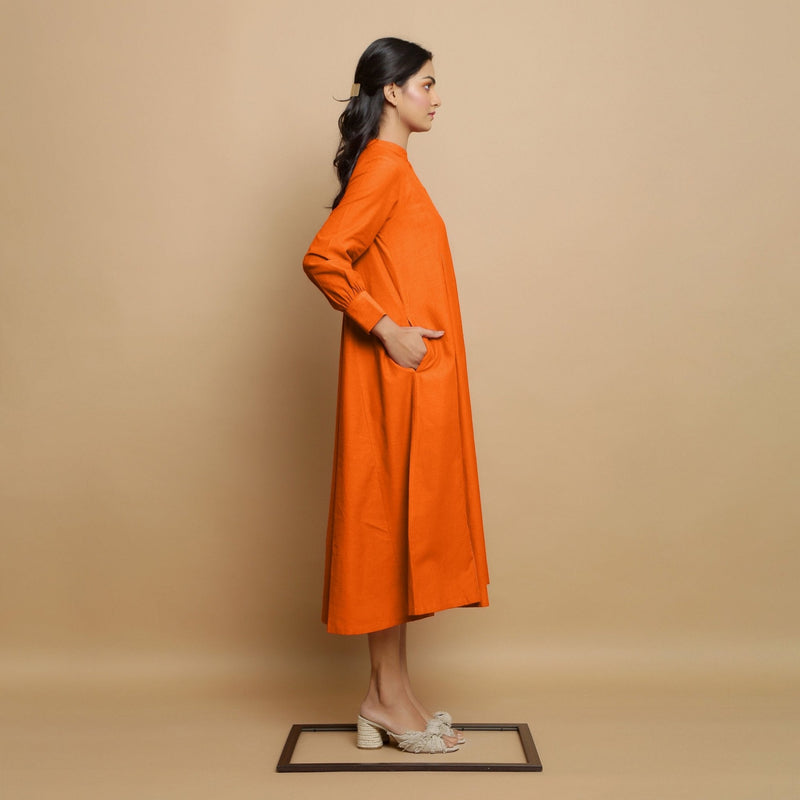 Hot Orange Hand-Embroidered Cotton Poplin Paneled Midi Dress