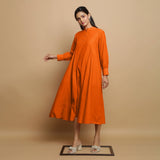 Hot Orange Hand-Embroidered Cotton Poplin Paneled Midi Dress