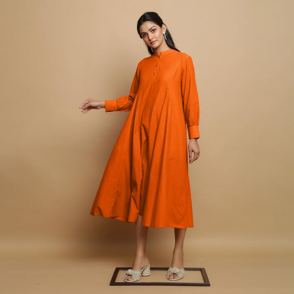 Hot Orange Hand-Embroidered Cotton Poplin Paneled Midi Dress