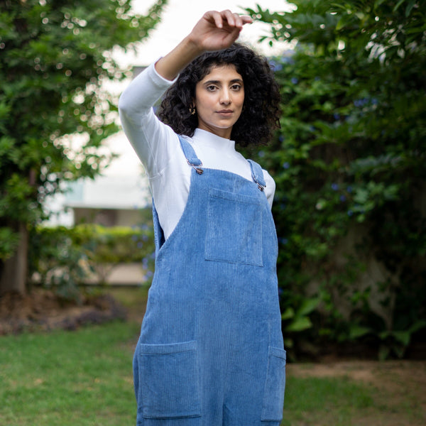 Ice Blue Warm Cotton Corduroy Ankle Length Dungaree