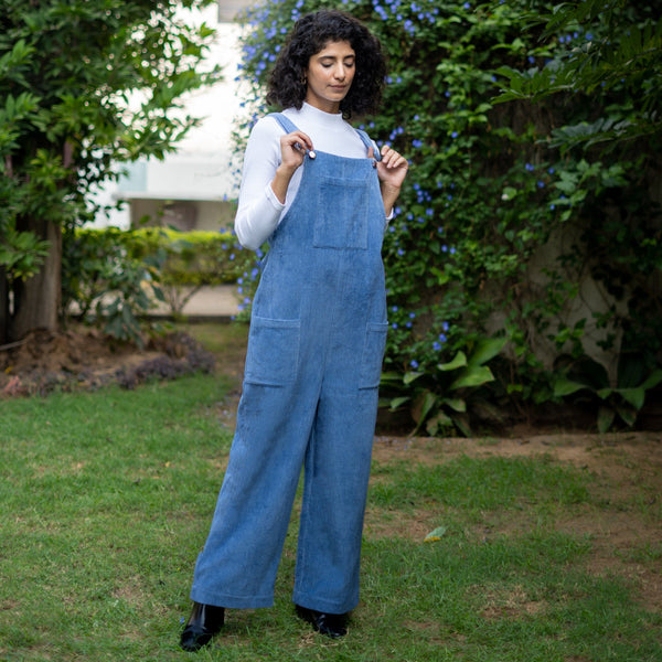 Ice Blue Warm Cotton Corduroy Ankle Length Dungaree