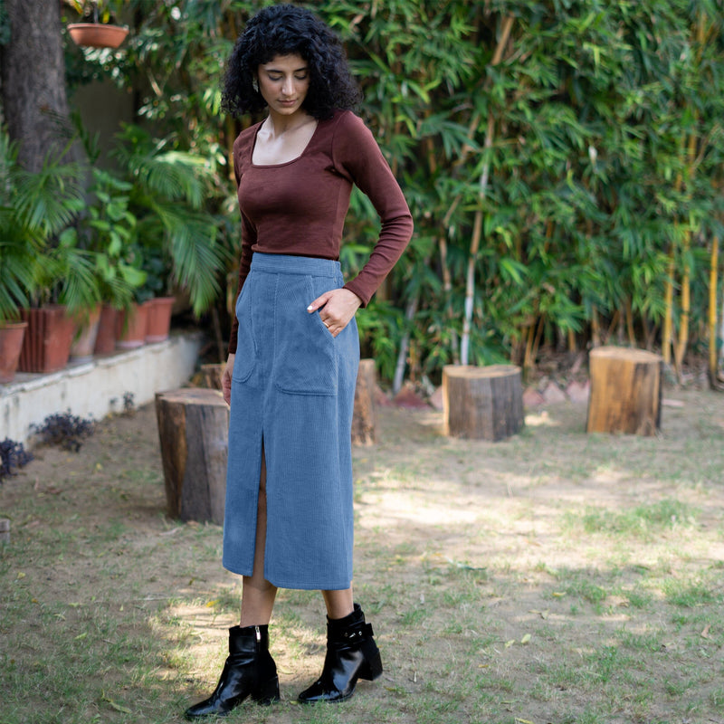 Ice Blue Warm Cotton Corduroy High-Rise A-Line Midi Slit Skirt