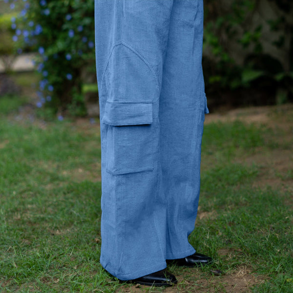 Ice Blue Warm Cotton Corduroy High-Rise Baggy Cargo Pant