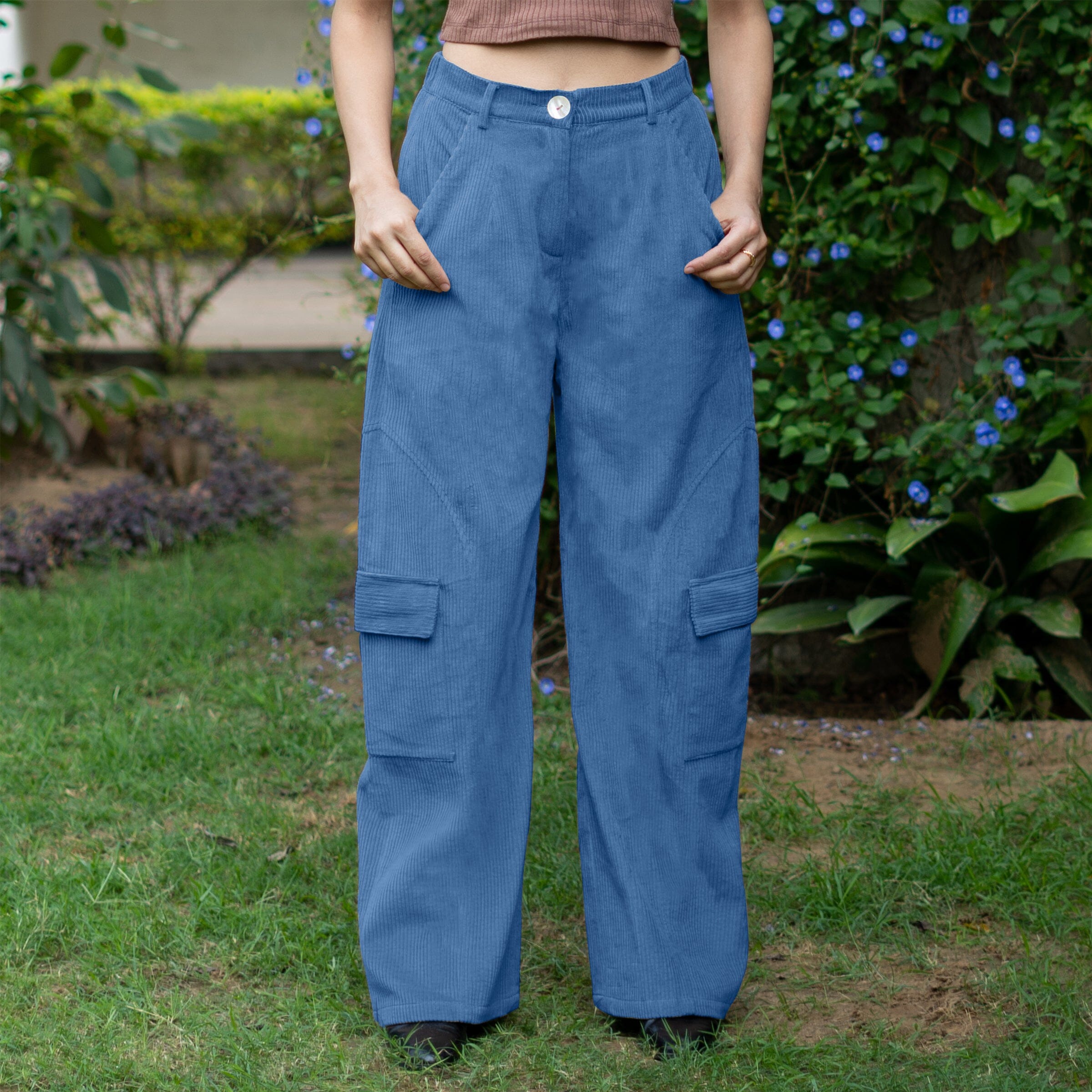Ice Blue Warm Cotton Corduroy High-Rise Baggy Cargo Pant