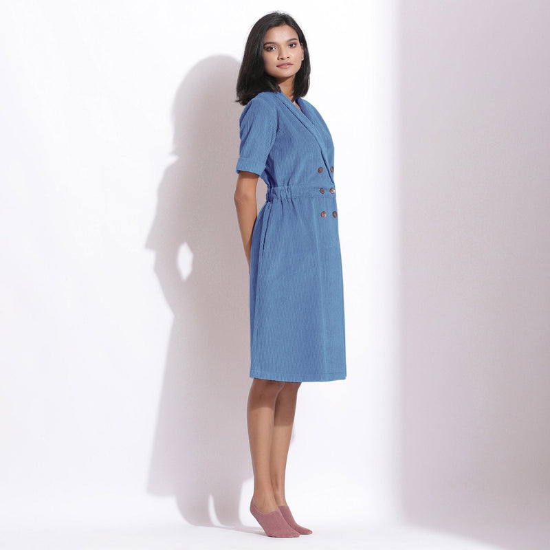 Ice Blue Warm Cotton Corduroy Knee Length Coat Dress