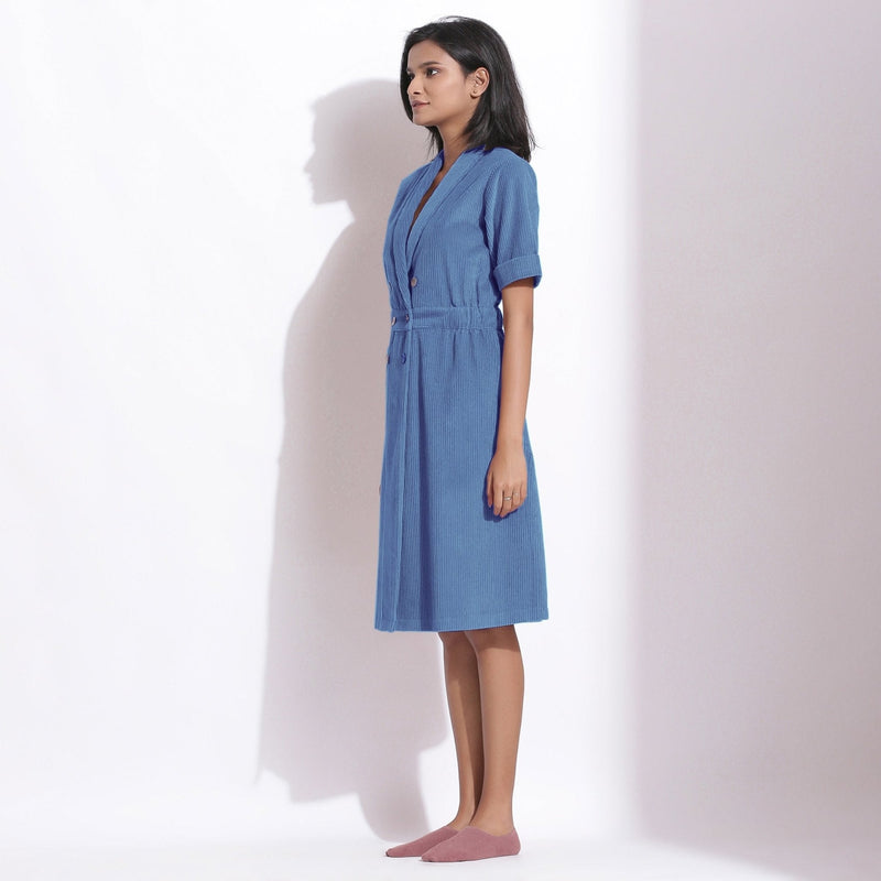 Ice Blue Warm Cotton Corduroy Knee Length Coat Dress