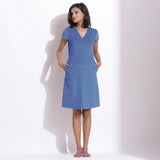 Ice Blue Warm Cotton Corduroy Knee Length Shift Dress