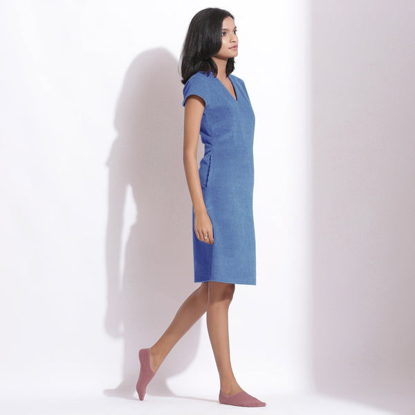 Ice Blue Warm Cotton Corduroy Knee Length Shift Dress