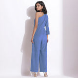 Ice Blue Warm Cotton Corduroy One-Shoulder Jumpsuit