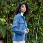 Ice Blue Warm Cotton Corduroy Patch Pocket Button-Down Shacket