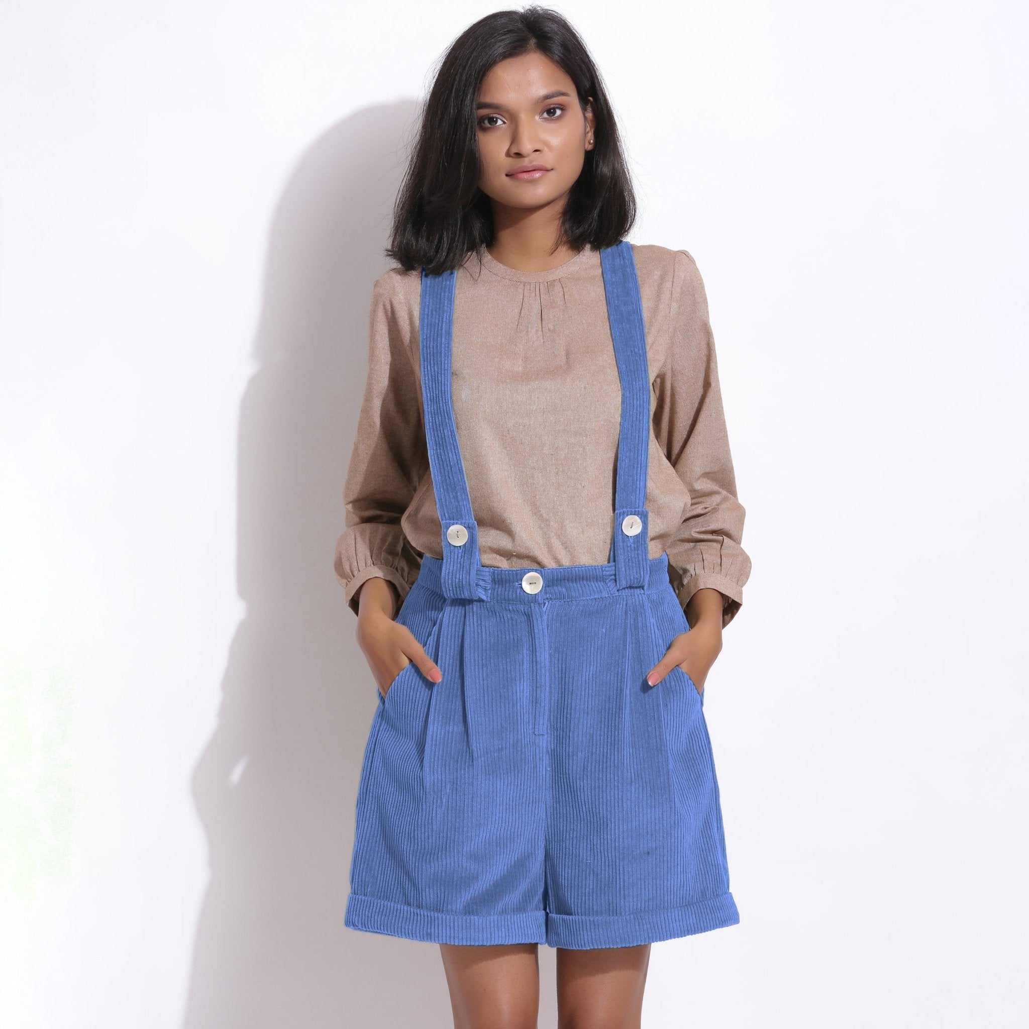 Ice Blue Warm Cotton Corduroy Short Dungaree Jumpsuit